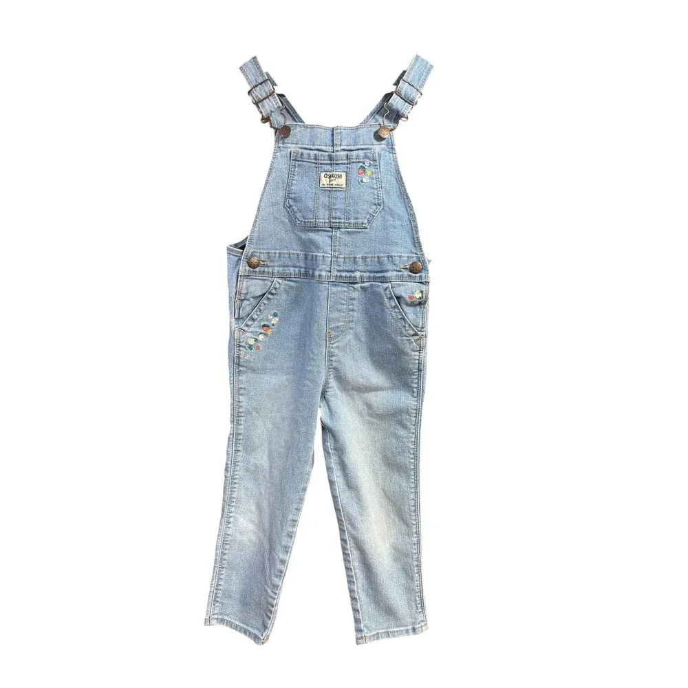 OshKosh B'gosh Girls 4T Light Wash Denim Overalls Strawberry Floral Embroidered